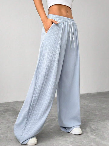 EZwear Women's Casual Solid Color Wide Leg Pants With Drawstring Waist