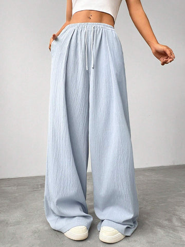 EZwear Women's Casual Solid Color Wide Leg Pants With Drawstring Waist