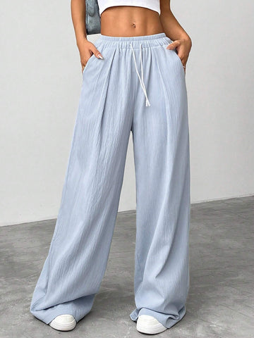 EZwear Women's Casual Solid Color Wide Leg Pants With Drawstring Waist
