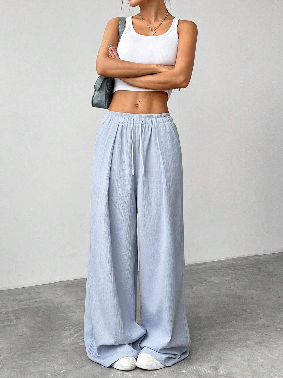 EZwear Women's Casual Solid Color Wide Leg Pants With Drawstring Waist