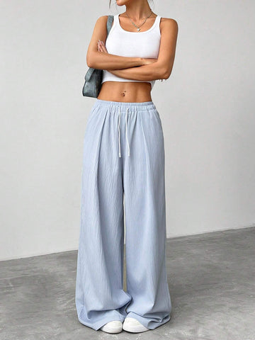 EZwear Women's Casual Solid Color Wide Leg Pants With Drawstring Waist