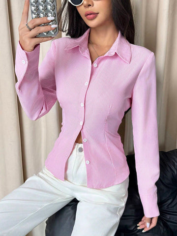 EZwear Women's Casual Striped Cinched Waist Long Sleeve Shirt, Autumn