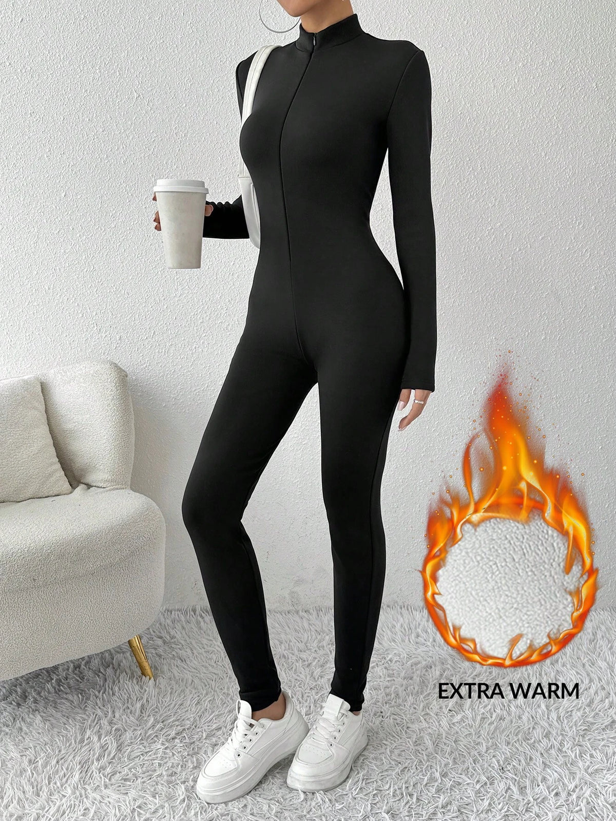 Women's Casual Tight Fit Fleece Lined Thick Warm Long Sleeve Jumpsuit, Clothes Suitable For Autumn/Winter