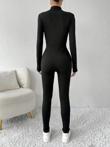 Women's Casual Tight Fit Fleece Lined Thick Warm Long Sleeve Jumpsuit, Clothes Suitable For Autumn/Winter