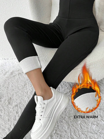 Women's Casual Tight Fit Fleece Lined Thick Warm Long Sleeve Jumpsuit, Clothes Suitable For Autumn/Winter