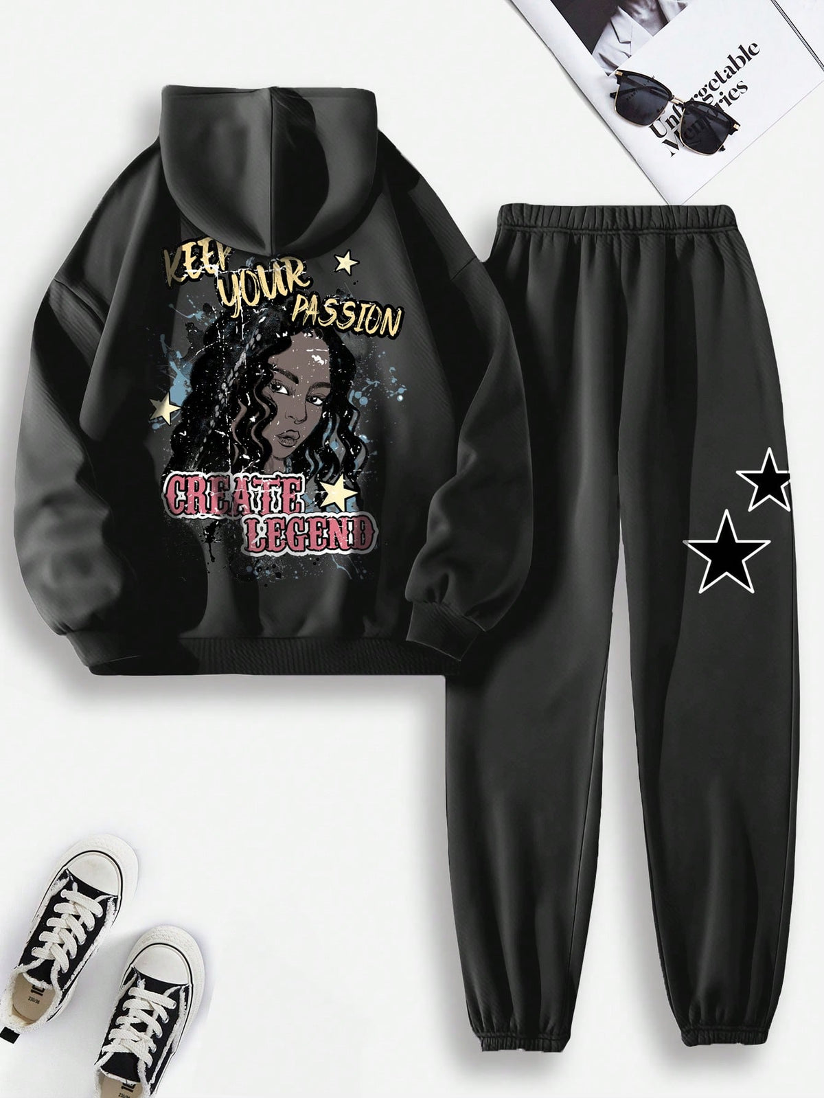 Women's Character Star Letter Printed Hooded Sweatshirt And Sweatpants Two-piece Set