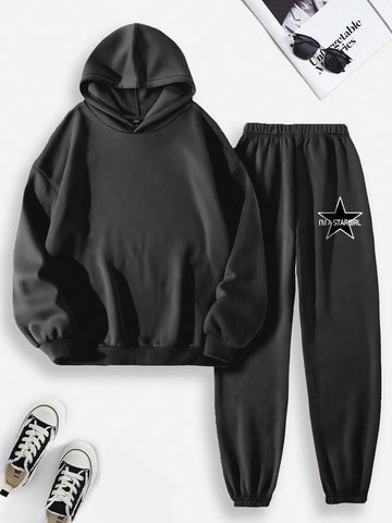 Women's Character Star Letter Printed Hooded Sweatshirt And Sweatpants Two-piece Set