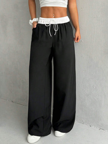 EZwear Women's Color-Blocked High Waist Wide Leg Casual Pants With Belt