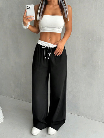EZwear Women's Color-Blocked High Waist Wide Leg Casual Pants With Belt