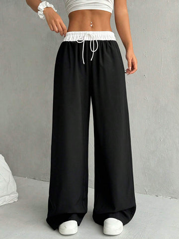 EZwear Women's Color-Blocked High Waist Wide Leg Casual Pants With Belt