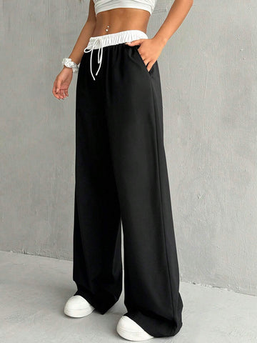 EZwear Women's Color-Blocked High Waist Wide Leg Casual Pants With Belt