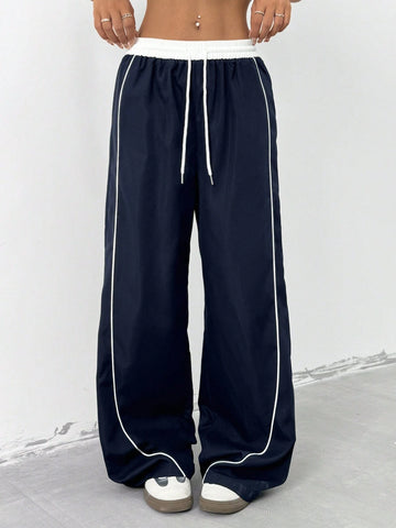 EZwear Women's Color Block Drawstring Waist Wide-Leg Loose Casual Pants