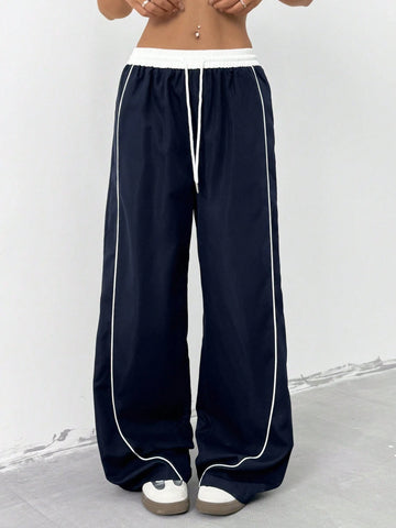 EZwear Women's Color Block Drawstring Waist Wide-Leg Loose Casual Pants