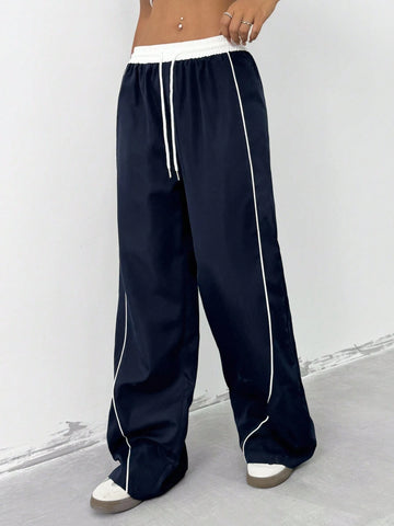 EZwear Women's Color Block Drawstring Waist Wide-Leg Loose Casual Pants