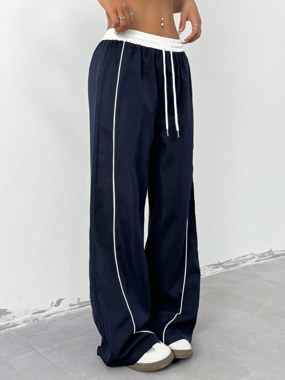 EZwear Women's Color Block Drawstring Waist Wide-Leg Loose Casual Pants