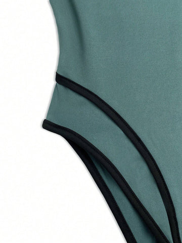 Women's Color Block Edge Trim Letter Print 2 In 1 Bodysuit, Suitable For Summer