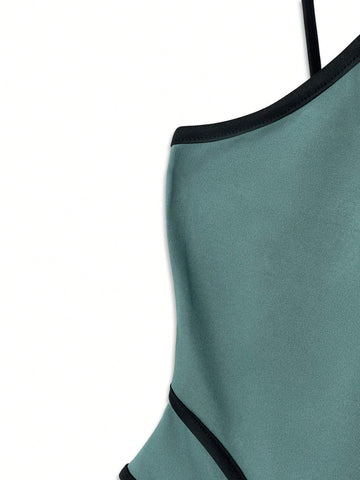 Women's Color Block Edge Trim Letter Print 2 In 1 Bodysuit, Suitable For Summer