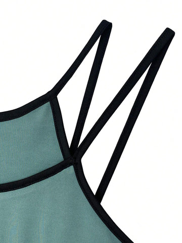 Women's Color Block Edge Trim Letter Print 2 In 1 Bodysuit, Suitable For Summer