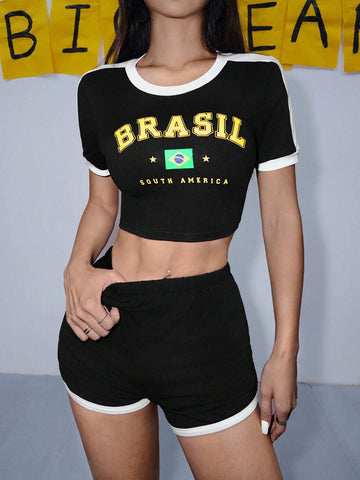 Women's Color Block Letter Printed Short Sleeve Top And Shorts Set, Summer