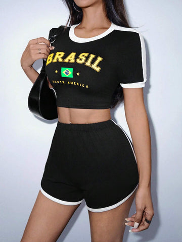 Women's Color Block Letter Printed Short Sleeve Top And Shorts Set, Summer