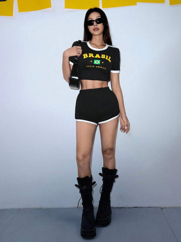 Women's Color Block Letter Printed Short Sleeve Top And Shorts Set, Summer