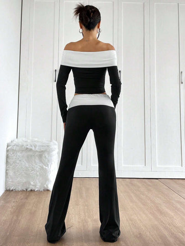 Women's Color Block Off Shoulder Long Sleeve Top & Bodycon Mini Skirt 2-Piece Set