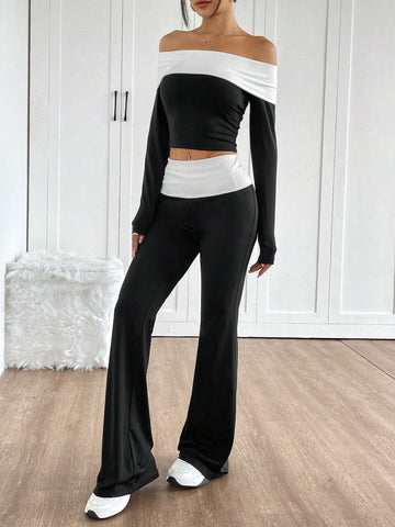 Women's Color Block Off Shoulder Long Sleeve Top & Bodycon Mini Skirt 2-Piece Set