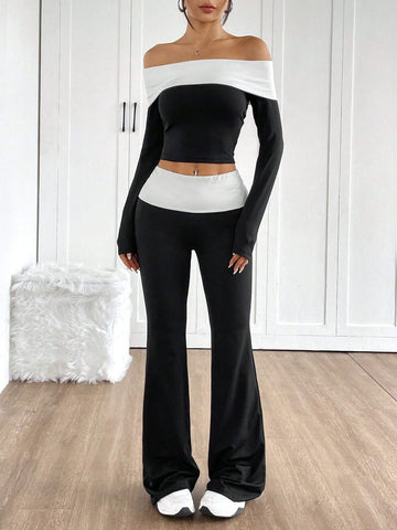 Women's Color Block Off Shoulder Long Sleeve Top & Bodycon Mini Skirt 2-Piece Set