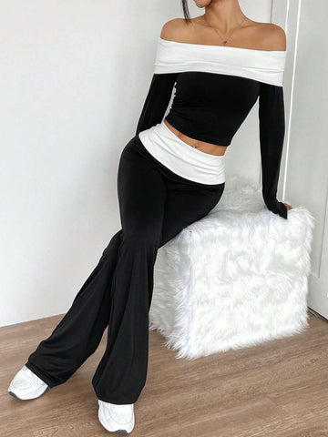Women's Color Block Off Shoulder Long Sleeve Top & Bodycon Mini Skirt 2-Piece Set
