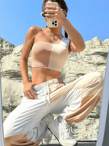 Women's Color Block Spliced Single Shoulder Vest & Sweatpants Set