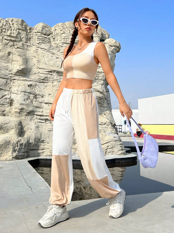 Women's Color Block Spliced Single Shoulder Vest & Sweatpants Set
