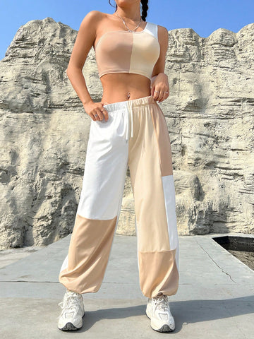 Women's Color Block Spliced Single Shoulder Vest & Sweatpants Set