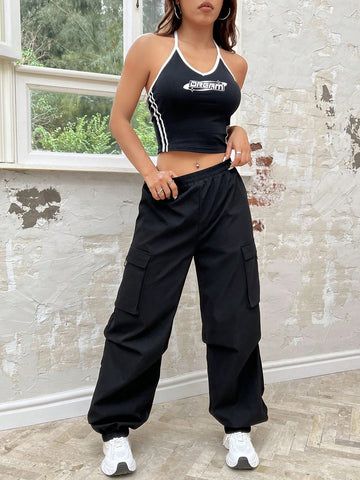 Women's Colorblock Letter Printed Halter Top And Solid Color Cargo Pants Set