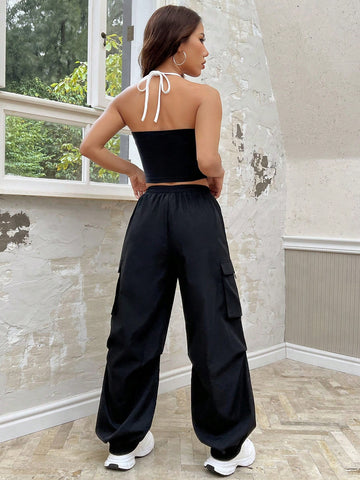 Women's Colorblock Letter Printed Halter Top And Solid Color Cargo Pants Set