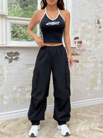 Women's Colorblock Letter Printed Halter Top And Solid Color Cargo Pants Set