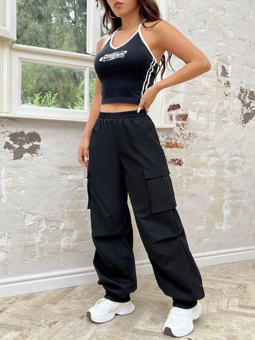 Women's Colorblock Letter Printed Halter Top And Solid Color Cargo Pants Set