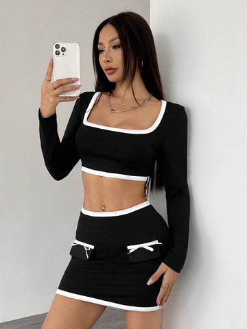 Women's Contrast Color Square Neck Long Sleeve Top And Bow Decor Skirt Set