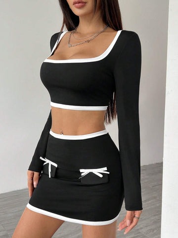 Women's Contrast Color Square Neck Long Sleeve Top And Bow Decor Skirt Set