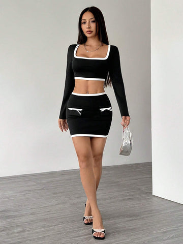 Women's Contrast Color Square Neck Long Sleeve Top And Bow Decor Skirt Set