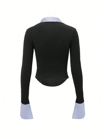 EZwear Women's Contrast Color Striped Print Ruffle Long Sleeve Blouse