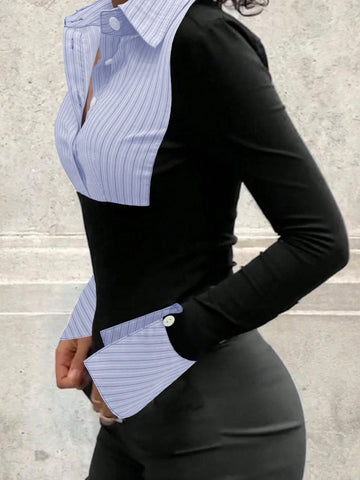 EZwear Women's Contrast Color Striped Print Ruffle Long Sleeve Blouse