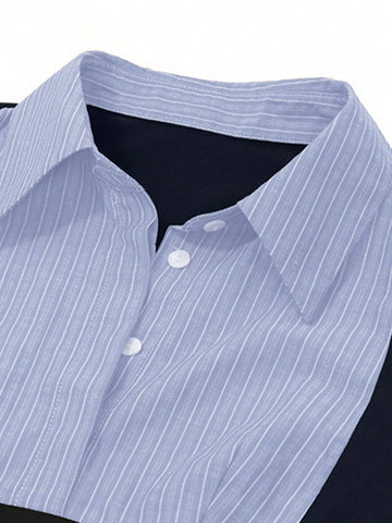 EZwear Women's Contrast Color Striped Print Ruffle Long Sleeve Blouse