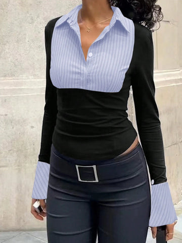 EZwear Women's Contrast Color Striped Print Ruffle Long Sleeve Blouse