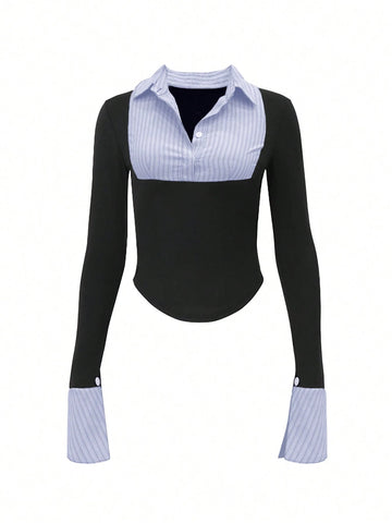 EZwear Women's Contrast Color Striped Print Ruffle Long Sleeve Blouse