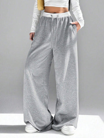 EZwear Women's Contrast Color Waist Wide Leg Pants
