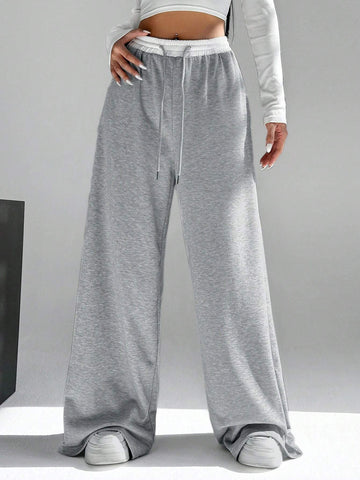 EZwear Women's Contrast Color Waist Wide Leg Pants