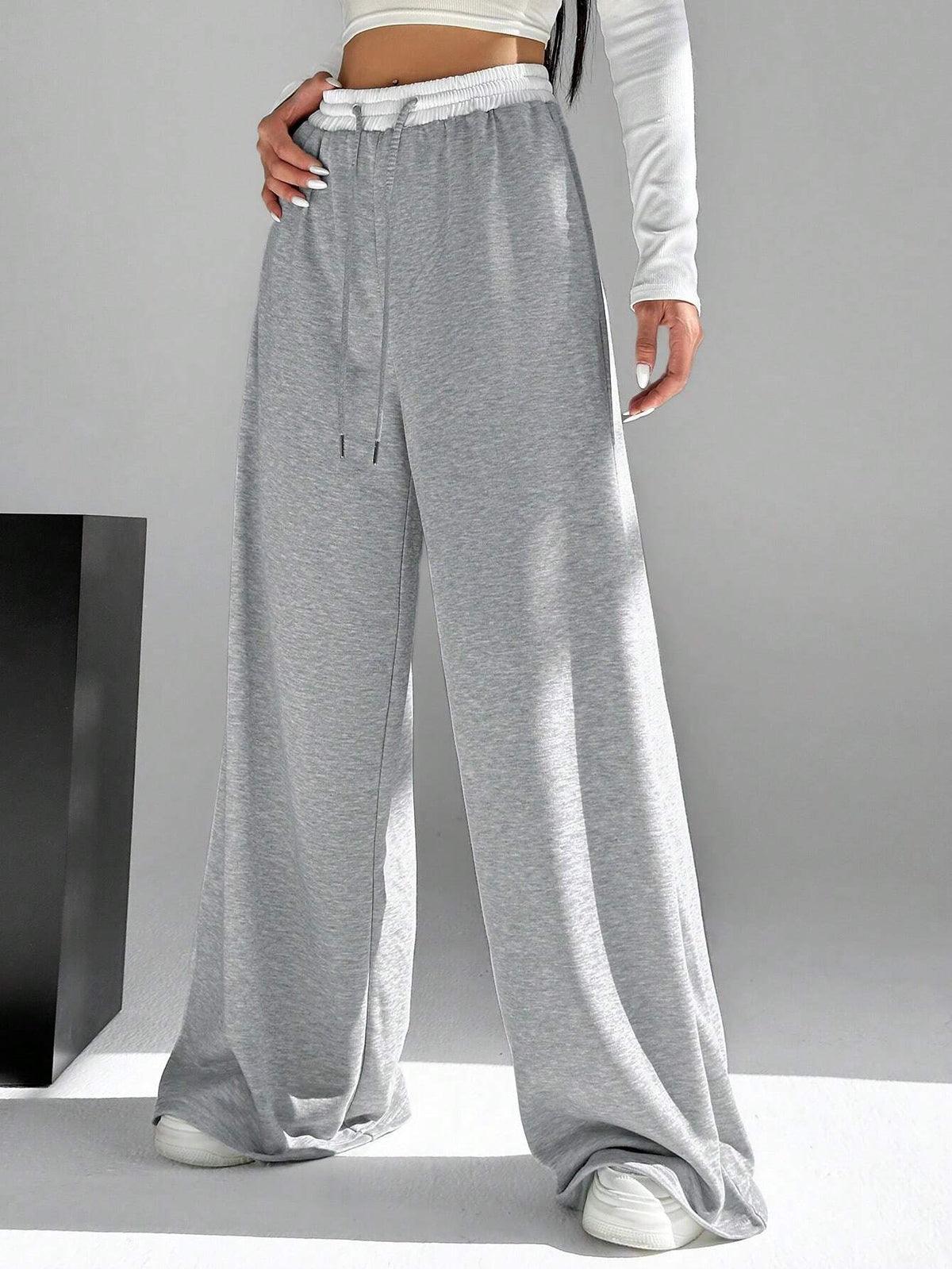 EZwear Women's Contrast Color Waist Wide Leg Pants