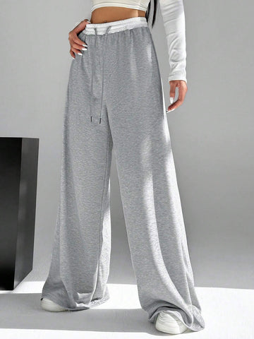 EZwear Women's Contrast Color Waist Wide Leg Pants