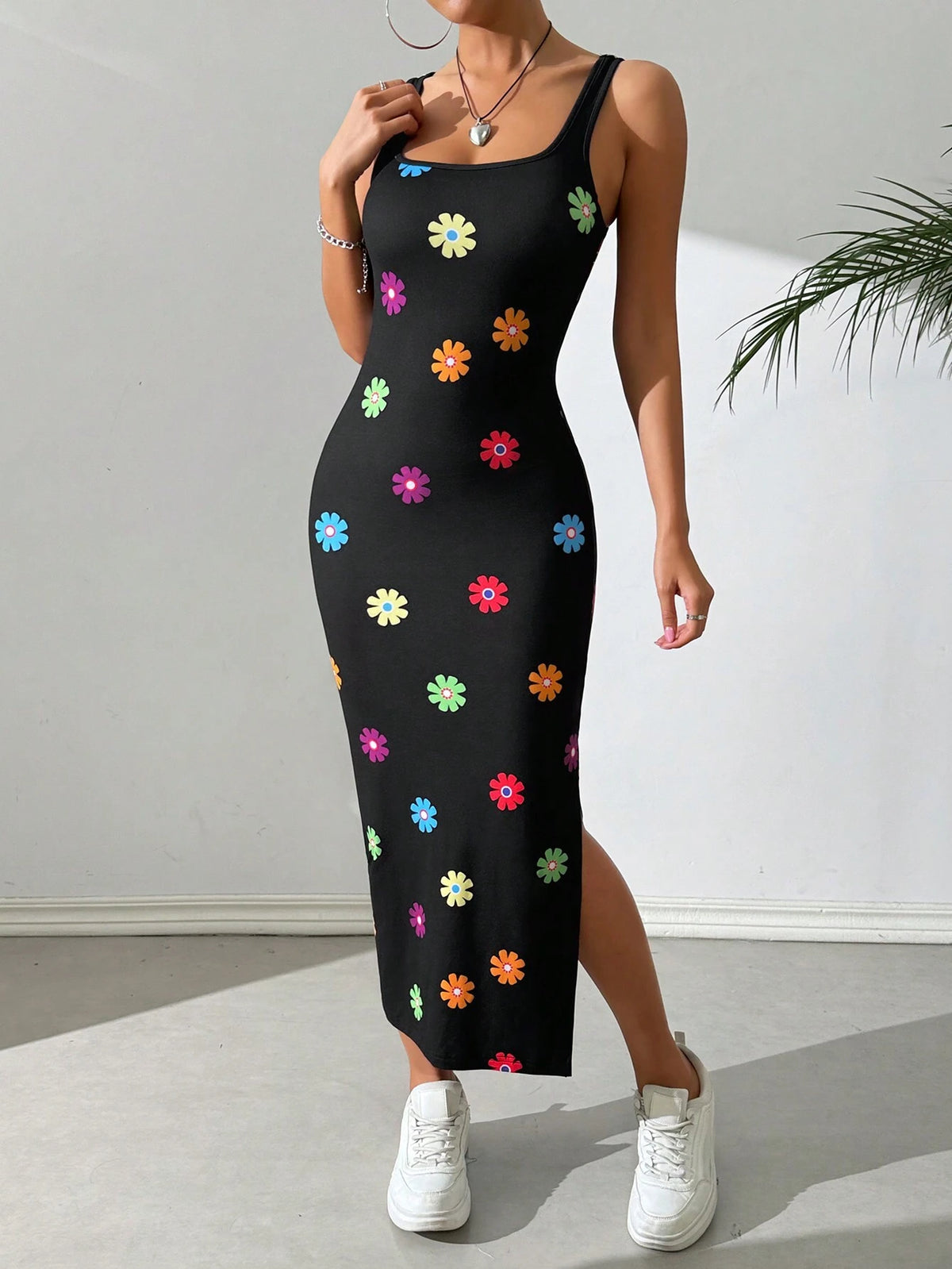 Women's Daisy Print Knitted Sleeveless Bodycon Dress, Summer