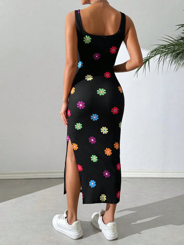 Women's Daisy Print Knitted Sleeveless Bodycon Dress, Summer